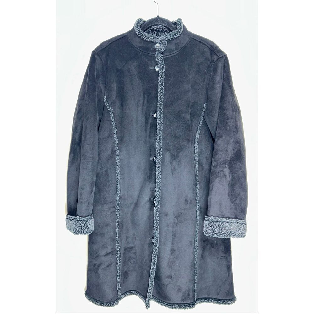 L.L.Bean women's black faux suede sherpa-lined button-up coat size XL